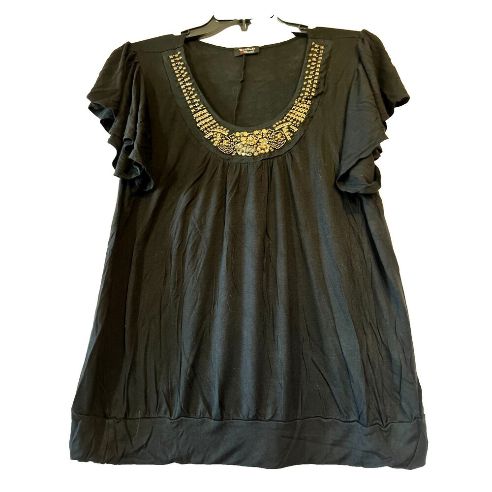 Restless Heart Black top with gold embellishments and flutter sleeves Size XL